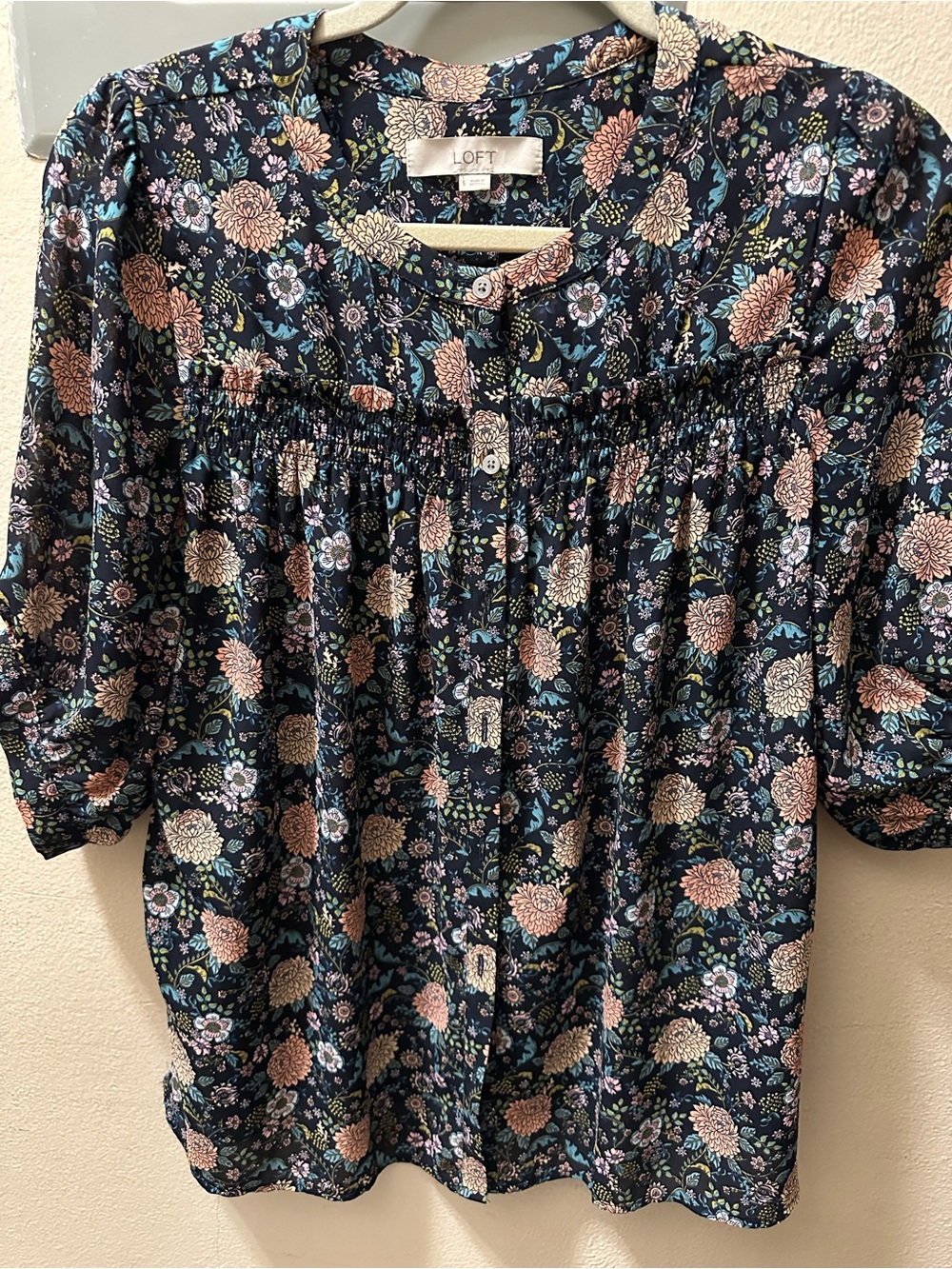 LOFT Navy Floral Blouse with Pink and Cream Blooms